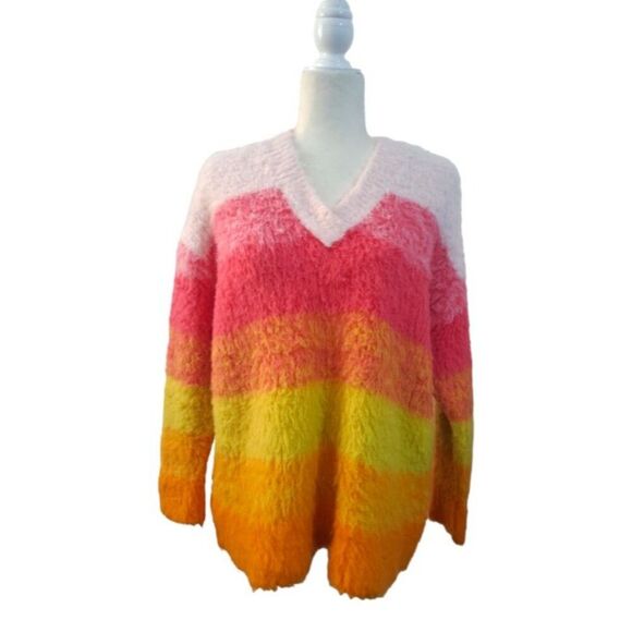 Anthropologie Women's Simone Striped Sweater Pink Orange Multi V Neck Medium - Picture 4 of 9
